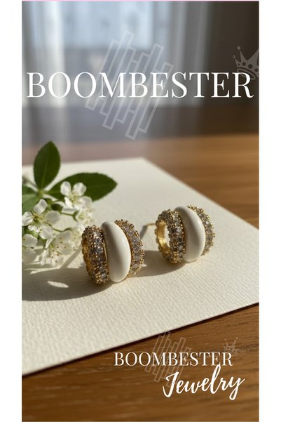 BoomBester Urora Pearl Stone Gold Earrings – Zircon Inlaid, White Enamel, Luxurious Vintage Design