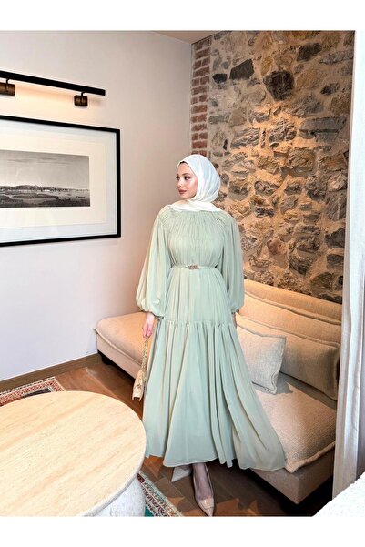 Miraydın Butik Layered Chiffon Dress with Gathered Belt Detail - Green