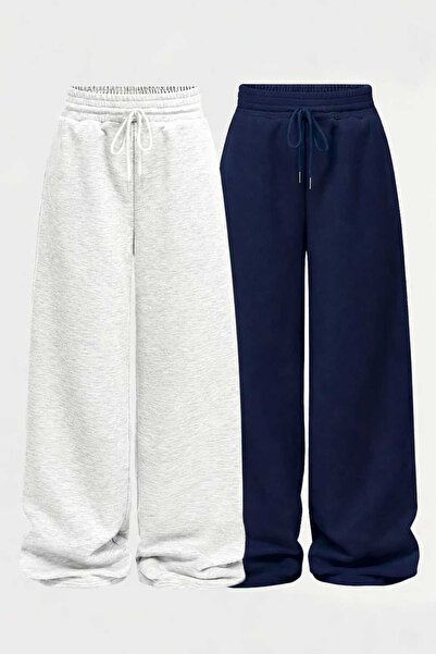 Le Vion Women's Winter Fleece Lined Loose Fit Wide Leg Oversize Navy Blue&Gra...