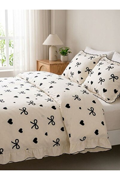 DB Single Bedding Set 100% Cotton Heart and Bow Ornament Overlocked Ruffle