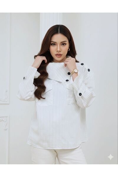 Mess Trend Tarzınla Fark Yarat Ice White Striped Button Detailed Women's Shir...