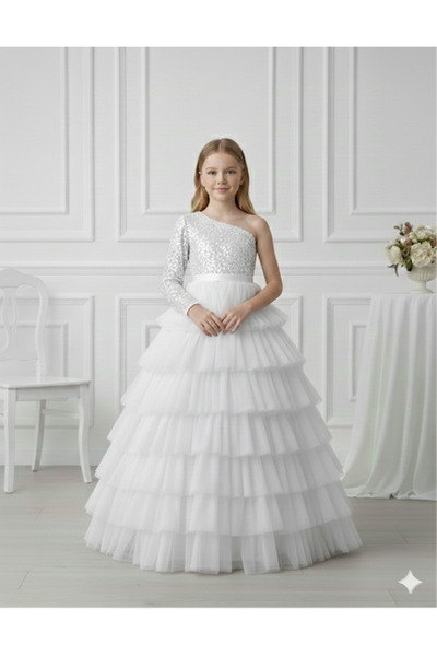 PRİNCESS Girl's One-Shoulder Sequined Layered Tulle Detailed White Evening Dr...