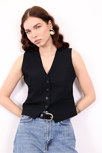 5in1Canpolat Black V-Neck Buttoned Vest 5005