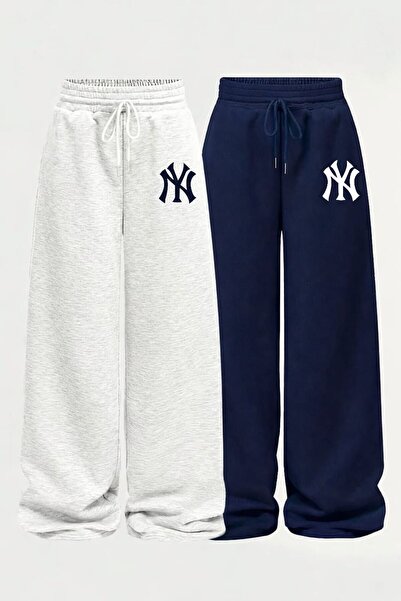 Le Vion Women's Winter Fleece Lined Loose Fit Wide Leg Oversize Navy Blue&Gra...