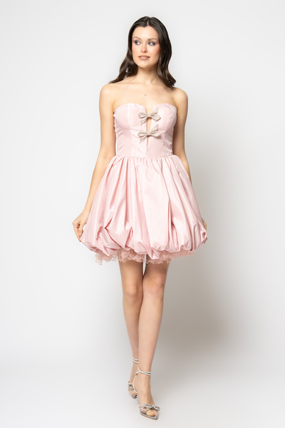 RENGIN Göğsü fiyonk aksesuarlı balon etekli tafta abiye elbise