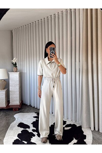 ALVOR Women's Black Polo Collar Stripe Detailed Oversize Top and Bottom Set