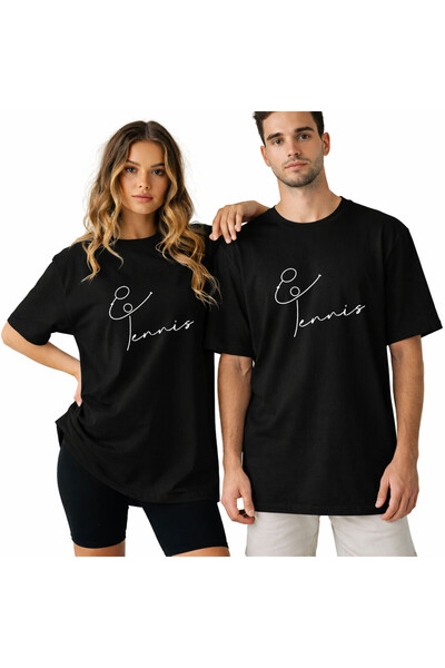 Kidilia Unisex Crew Neck Design T-Shirt with Tennis Image - Size: L Color: Black