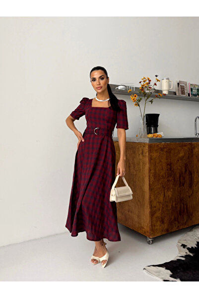 Lusin Women's Burgundy Square Neck Plaid Patterned Belted Short Sleeve Midi L...