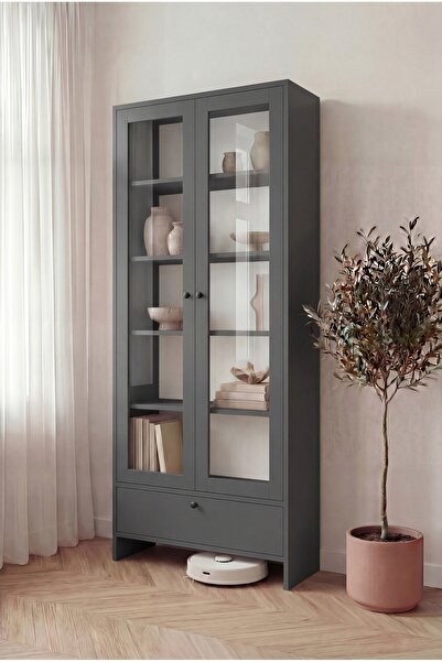 BBF Furniture Antrasit Cam Kapaklı Modern Kitaplık ve Vitrin Dolap – Çekmecel...