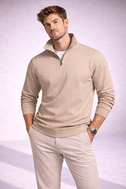 metsawear Beige Premium Three Threaded Slim Fit Men's Sweatshirt Quarter Zip ...