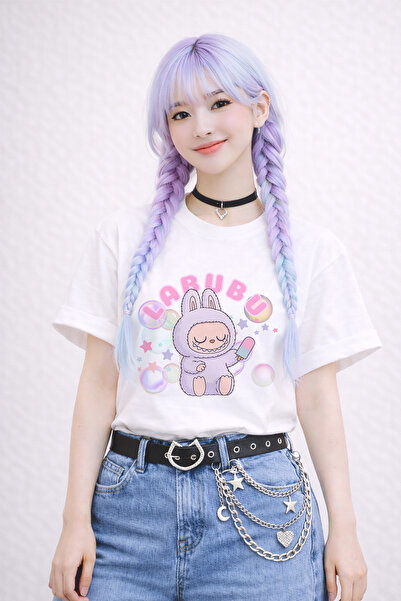 FANA Labubu Printed White Loose Fit T-Shirt – Oversize Cut 100% Cotton Women'...