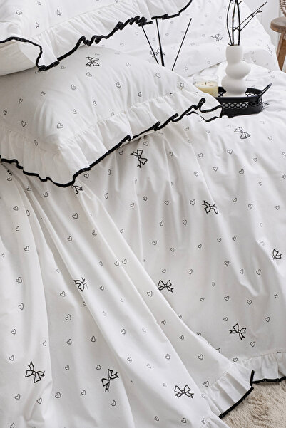 DB Single Bedding Set 100% Cotton Heart and Bow Ornament Overlocked Ruffle