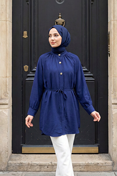 MODAQU Ornamental Buttoned Lace-Up Strawberry Shirt - Navy Blue