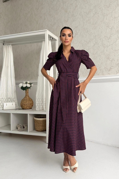 Lusin Women's Burgundy Gingham Patterned Belted Midi Length Poplin Shirt Dress