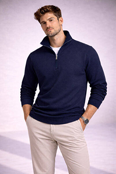 metsawear Navy Blue Premium Three Threaded Yarn Slim Fit Men's Sweatshirt Qua...