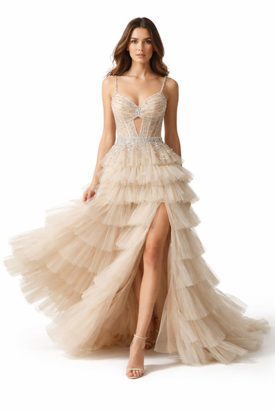 aşkın göksu Şampanya İp Askılı Beden Payet Etek Kat Kat Tül Kadın Abiye