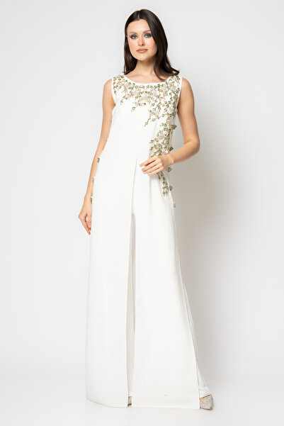 RENGIN Yakası ve yan bantları taşlı kolsuz krep abiye tulum