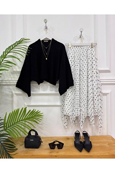 onix Point Skirted Blouse Set 36-42 Matching Black Sweater, White Skirt