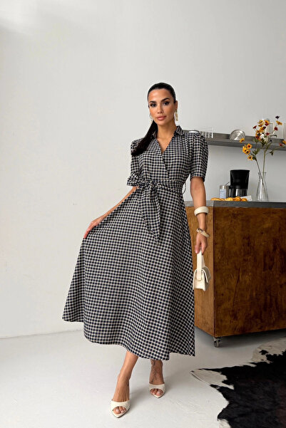 Lusin Women's Black Gingham Patterned Belted Midi Length Poplin Shirt Dress