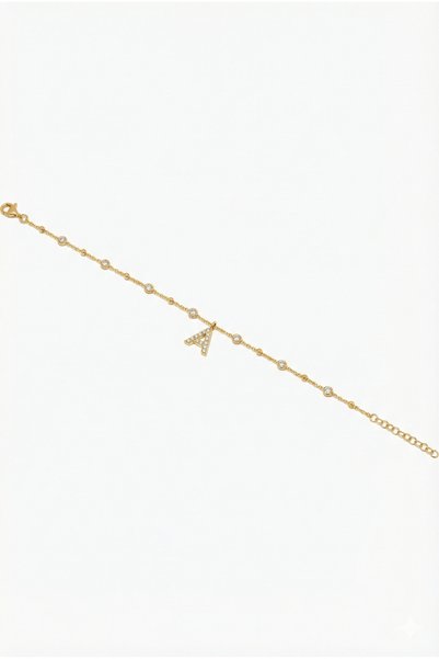 Queen Silver Jewelry 925 ayar gümüş. beyaz zirkon taşlı, toplu zincirli, harfli halhal A