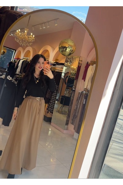Hatice Altıntaş BEJ GOLD TOKA DETAYLI UZUN ETEK