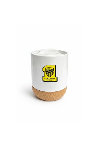 SP Ceramic mug with lid and cork base – Al-Ittihad Club logo – White + Gray