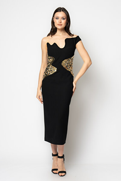 RENGIN Yakası dalga kesim beli taşlı krep abiye elbise