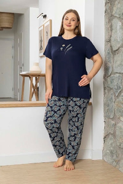 Aydoğan Women's Navy Blue Leaf Patterned Pajama Set - Short Sleeve Cotton Dou...