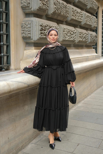 Miraydın Butik Lace Detailed Ruffled Chiffon Dress - Black