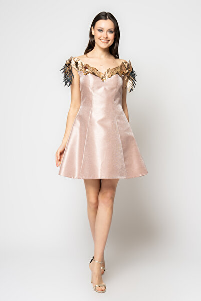 RENGIN Yakası rugan yapraklı çan etekli abiye elbise