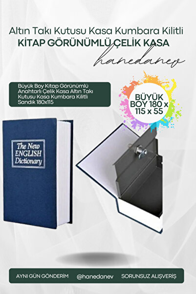 Hanedanev Büyük Boy Kitap Görünümlü Anahtarlı Çelik Kasa Altın Takı Kutusu Ka...