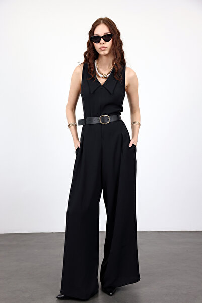 5in1Canpolat Black Belted Shirt Collar Jumpsuit