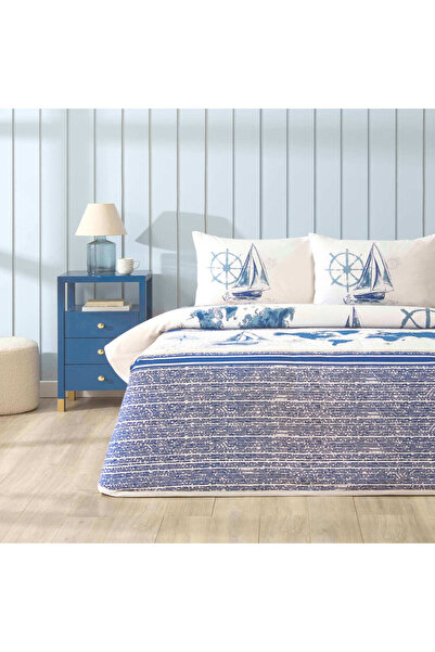 Taç Printed Nereil Queen Size Pique Set Navy Blue