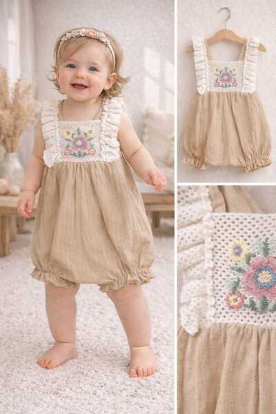 krm kerem bebe Eid Summer Lace Embroidered Strappy Muslin Baby Girl Jumpsuit