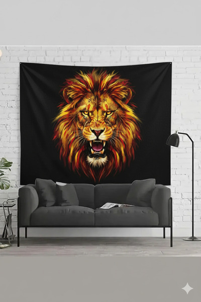 by EKTIREN Yellow-Red Lion Patterned Fan Wall Tapestry Ultra Decorative Fabri...