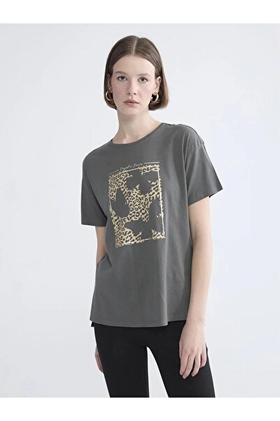 LC Waikiki Сива дамска тениска с принт на велосипед на врата (S6)