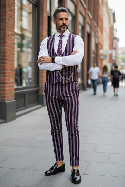 dehaine Men's suit, Pants + Vest, striped, event suit, Burgundy, B7922