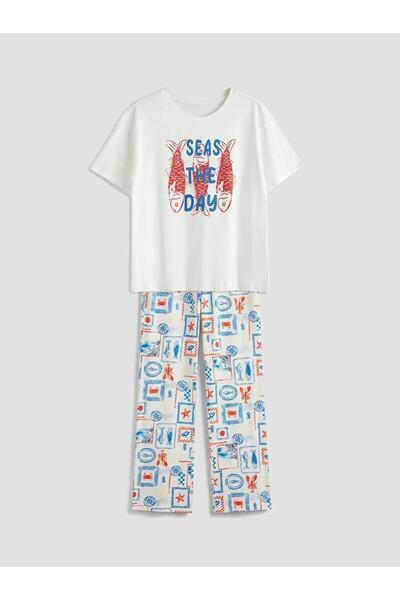 LC Waikiki Ecru Crew Neck Printed Women's Pajama Set (S6)
