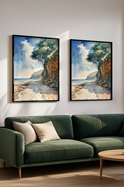 STARYUNA Black Wooden Framed Coastal and Rock Scenery Double Painting Set Yun...