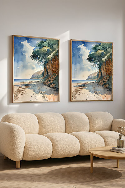 STARYUNA Wooden Framed Coastal and Rock Scenery Double Painting Set Yuna561