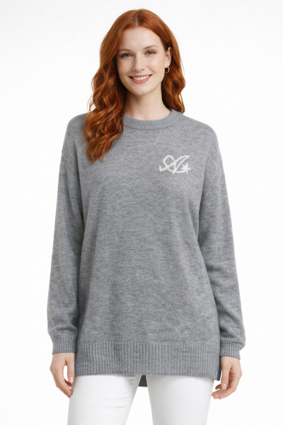 Neden Tekstil Gray Melange Embroidered Oversize Tunic Sweater