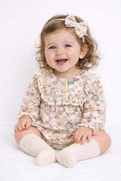 minicayzen Flora %100 Pamuk Çiçek Desenli Bebek Tulum (Çorap ve Toka Dahil)