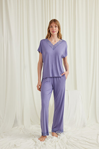 MONAMİSE Women's Short Sleeve V-Neck Lace Pajama Set