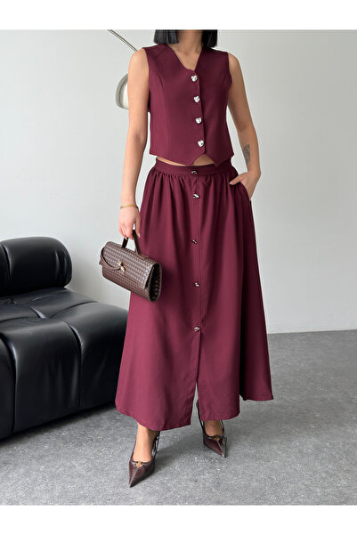 alenmoda Women's Lined Vest with Bottom and Top Buttons and Flared Skirt Set