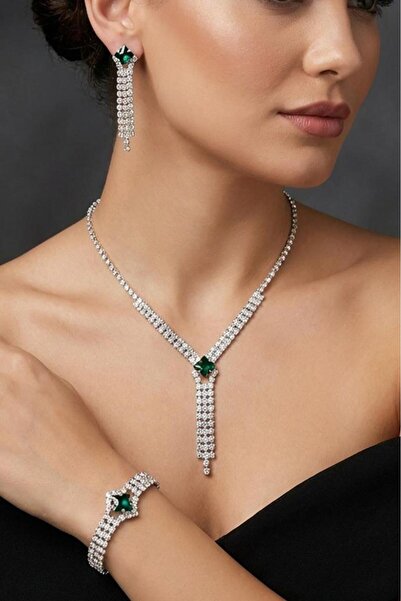 Valmont Accessories Yeşil Kare Taşlı Su Yolu 3’lü Takı Seti - Düğün, Kına, Ni...