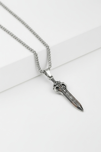 HERİF Aksesuar Men's Warrior Sword Model Steel Necklace – Silver Color Gourme...