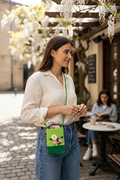 pulur.co Green Hand Knitted Crochet 3D Flower Detailed Phone Bag Shoulder Bag...