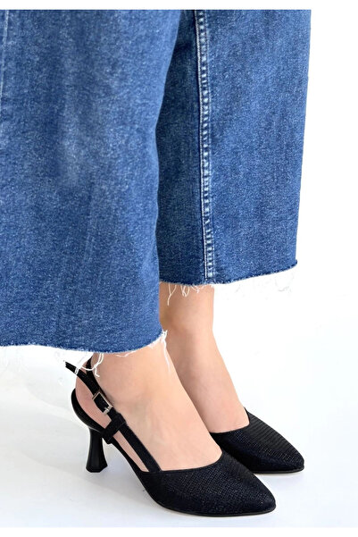 hibiscus Joga Black Satin Glitter Heeled Shoes