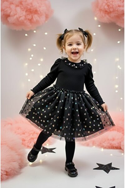 penu baby kids Black Long Sleeve Colorful Heart Tulle Skirted Girl's Dress