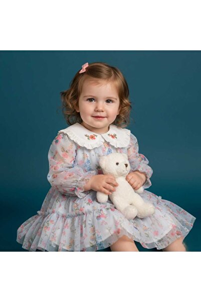 ministok فستان جيني للفتيات الصغيرات مطرز بالزهور على ياقة القميص